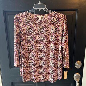 NWT Emaline Blouse 3/4 Sleeve Top Plus Size 2X Purple Black Tan White Emmaline
